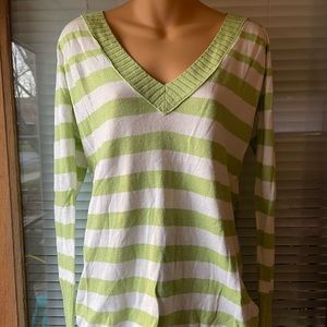 American Eagle: Green Striped V-Neck Sweater, Size XL